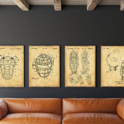 baseball catcher patent set of 4, catcher mask patent, chest protector blueprint, catcher's mitt poster, knee saver art,