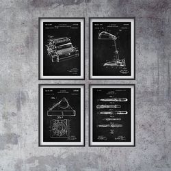 office patent prints set of 4, accountancy poster, office art, business management, fountain pen, typewriter, office lam