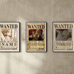 one piece poster - one piece anime wanted posters, nami cat burglar, red-haired shanks pirate, vinsmoke sanji black leg,