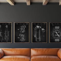 scuba patent set of 4, diving patent art, scuba tank patent, bcd jacket print, diving computer blueprint, diving watch g