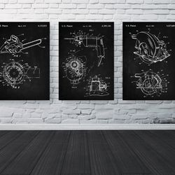 tool patent print set of 3, diy tool posters, circular saw poster, drill patent, chainsaw art, workshop poster, .jpg