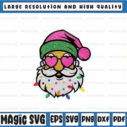 Santa with Sunglasses Christmas Png, Cute Christmas Png Digital Design Cheerful Sparkly Glitter Christmas Lights Pink Sa