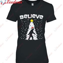 believe sasquatch bigfoot santa hat christmas tree gift shirt, long sleeve christmas shirts mens wear love, share beaut