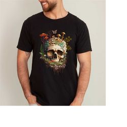 comfort colors shirt,skull with mushrooms t shirt, gothic skeleton tee, gift for video gamers, aesthetic cottagecore tee