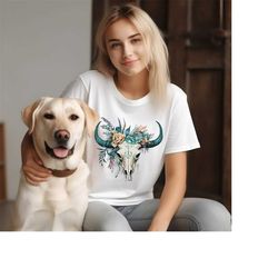 boho bull skull t shirt, western cow skull design tee,bohemian floral cow skull  shirt, western graphic tee, western clo