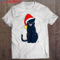 black cat christmas tree lights holiday cats lover xmas gift t-shirt, merry christmas family sweatshirts  wear love, sha