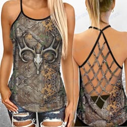 deer hunting camo pattern criss-cross open back cami tank top