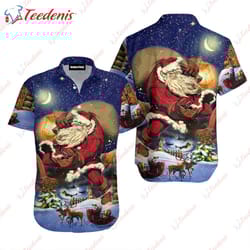 santas cozy night in black red hawaiian shirt wear love, share beauty