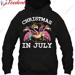 christmas in july funny pink flamingos drinking summer gifts shirt, plus size ladies christmas tops  wear love, share be
