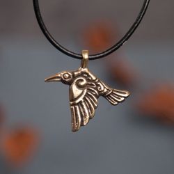 Raven pendant on leather cord. Bird viking handcrafted necklace. Odin Crow Huginn Muninn jewelry. Scandinavian dessign