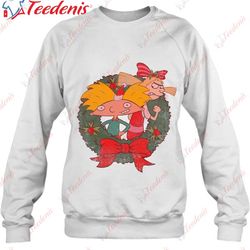 hey arnold christmas helga and arnold christmas wreath t-shirt, women christmas family sweatshirts  wear love, share bea