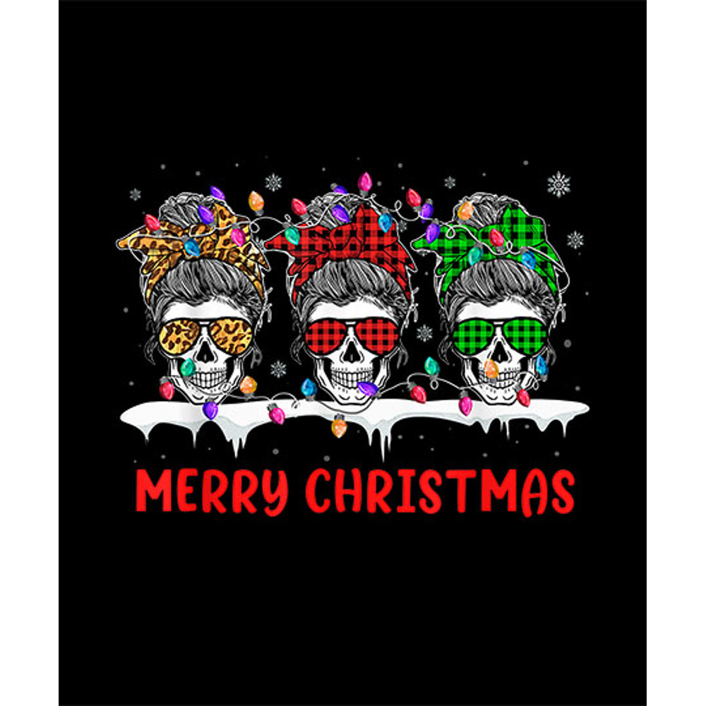 Messy Bun Skull Mom Merry Christmas Tree Light Buffalo Plaid T-Shirt.jpg
