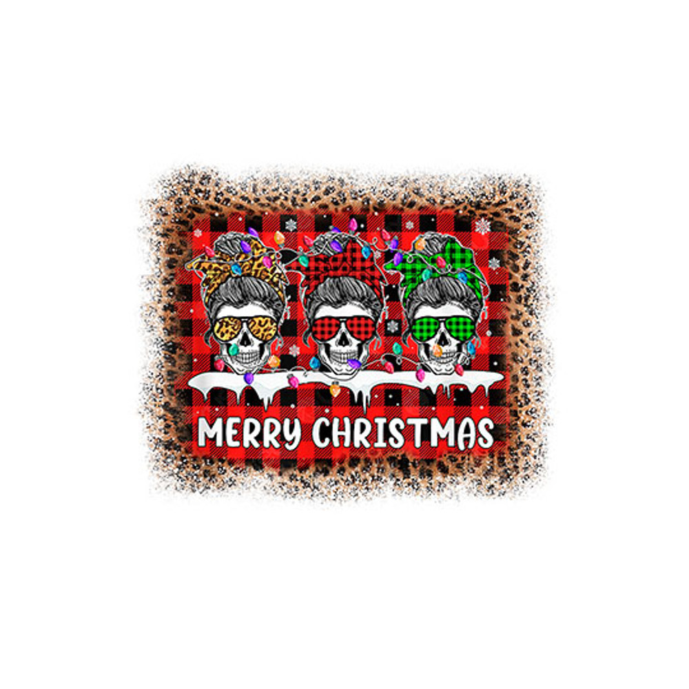 Messy Bun Skull Mom Merry Christmas Tree Light Buffalo Plaid T-Shirt_1 copy.jpg