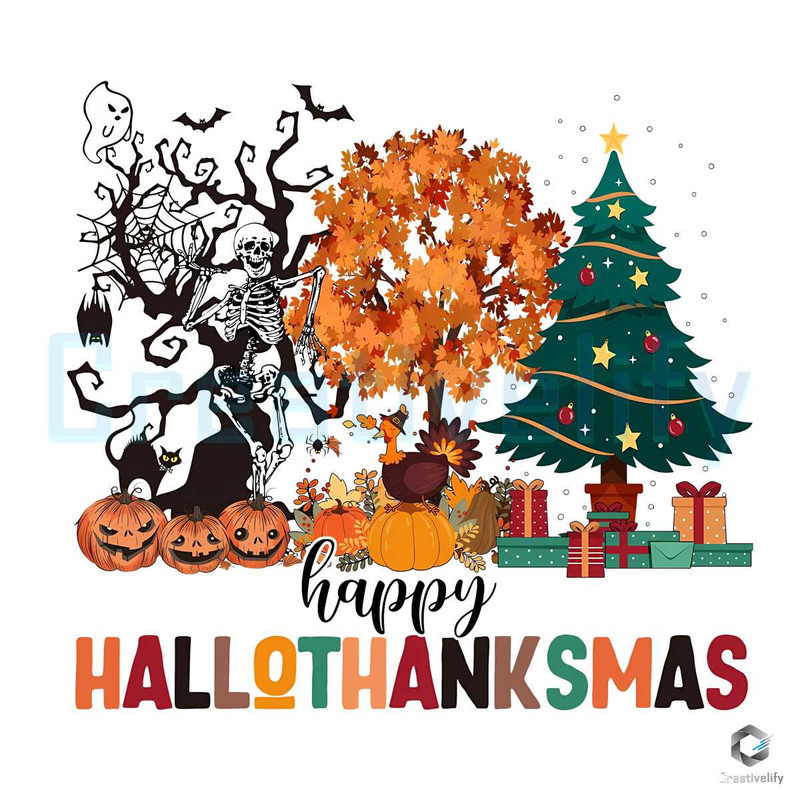 Happy Hallothanksmas PNG Pumpkin Skeleton File Digital.jpg