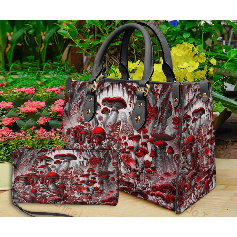 Mushroom illustrations Leather Bag & Wallet, Mushroom Women Shoulder Bag, Mushroom Handbag, Grinch Lover Gift, Custom Handbag, Christmas Bag 1.jpg