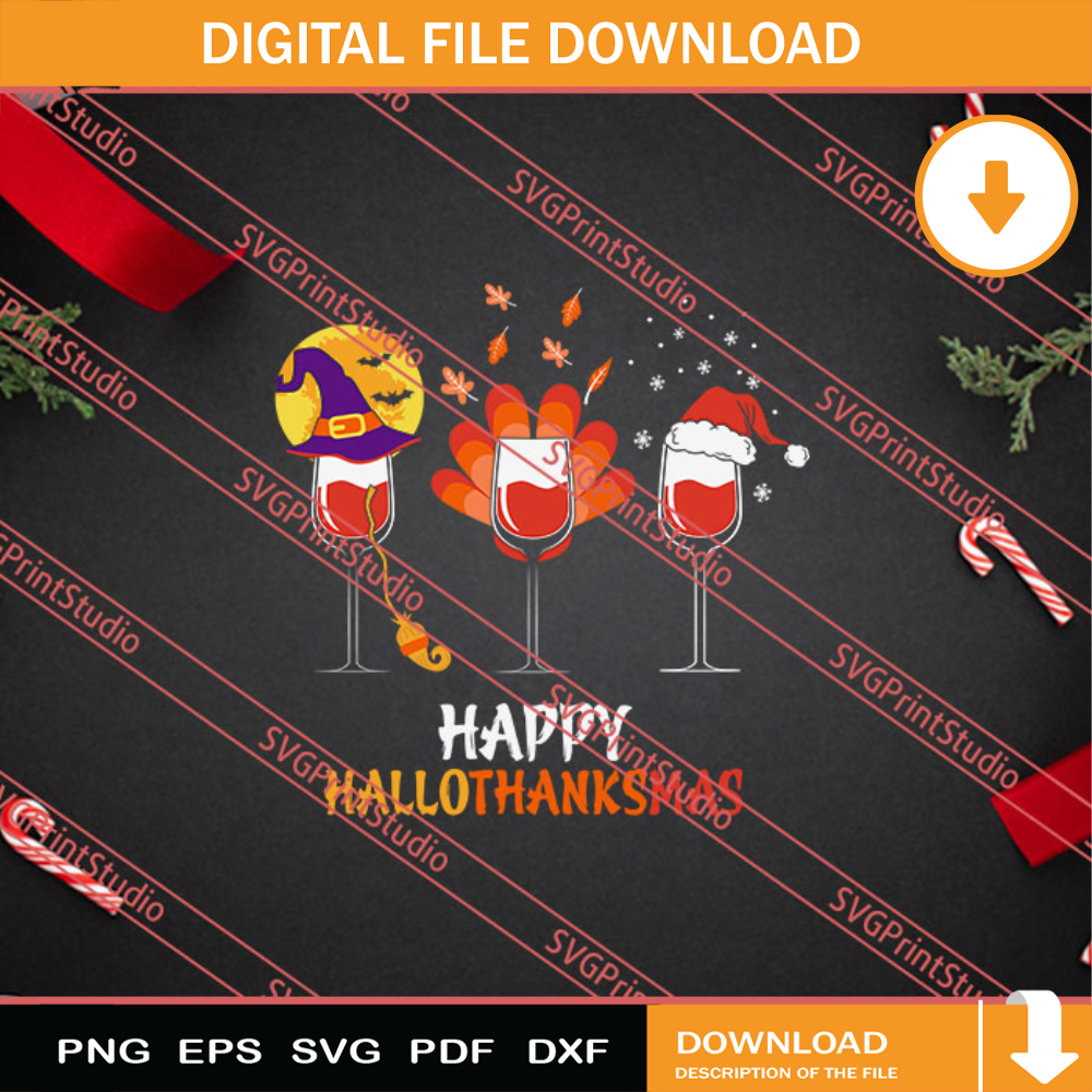 Happy Hallothanksmas Wine SVG, Merry X'mas SVG, Christmas Gift SVG PNG EPS DXF Silhouette Cut Files.jpg