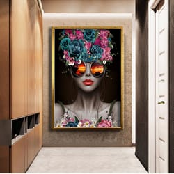 modern design wall decor of woman with flower head glasses, ready to hang canvas painting, modern art canvas print wall