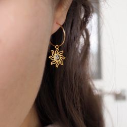 Sun earrings, Pressed flower huggie drop earrings, Gold stainless steel earrings