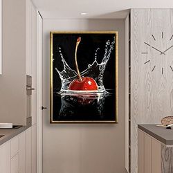 cherry falling into water new home gift kitchen decor painting, kitchen wall decor, wall art canvas, canvas print, ready