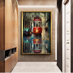 city center tram and rainy weather canvas painting wall decor, wall art canvas, modern art, ready to hang wall print, wa
