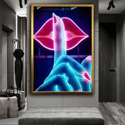 hush sign and red lips neon lights canvas print wall decor, ready to hang wall decor, modern wall art, framed paintings,
