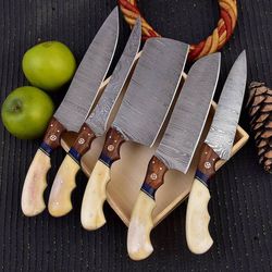 custom hand forged damascus steel 5 pcs kitchen chef set with leather sheath/hand forged damascus chef's am industry