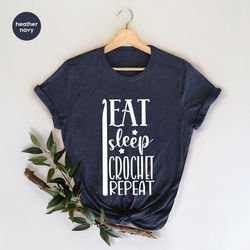 funny crochet shirt, crafting tshirts, crocheting graphic tees, women vneck t-shirt, gift for grandma, eat sleep crochet