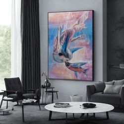 blue woman fish portrait of woman and fish painting on canvas original wall art, extra large wall art design, framed can