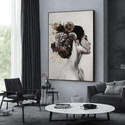 lady with black hair and flowers, flower head woman wall art, blooming woman head, wall art canvas design, framed canvas