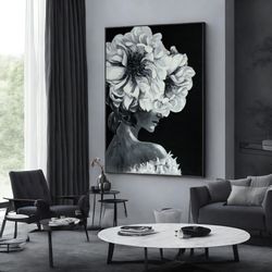 lady with flower in black and white, woman with flower head canvas, women canvas print, wall art canvas design, framed c