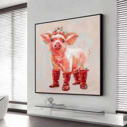 pig print cuddly pig painting print pink little piglet piggy farm animal,animal poster, wall art canvas design, framed c