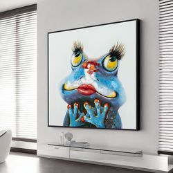 cartoon tree frog art, blue frog, framed canvas print, animal print, reptile art, wall art canvas design, framed canvas