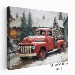 Vintage Classic Red Truck with Christmas Tree and Farmhouse Landscape Wall Art Canvas Poster Oil Painting Red Truck Home