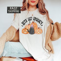 let's get spooky shirt, halloween cat shirt, fall pumpkin shirt for women, spooky season tee