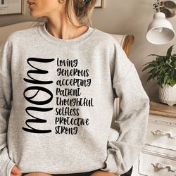 mom qualities sweatshirt, mother's day sweatshirt, list sweatshirt, motherhood sweatshirt, best mom sweatshirt, perfect