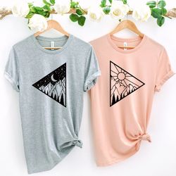 moon and sun shirt, mountains couple shirt, couple adventure shirt, moon phase shirt, hiking tee, camping shirt