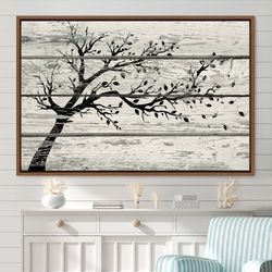 frame wall art tree silhouette with leaves on white wood panels nature plants illustrations canvas art, large wall art,