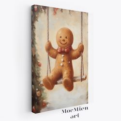 gingerbread on swing canvas, poster vintage christmas wall art oil painting cottagecore decor christmas canvas poster mo