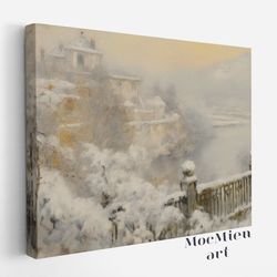 historic winter castle canvas, poster vintage christmas wall art canvas poster christmas oil painting cottagecore decor