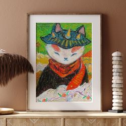 japanese cat in traditional dress, original oil pastel cat portrait print , poster, vintage wall art, unique gift