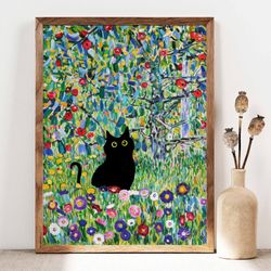 gustav klimt garden cat print, apple tree cat poster, black cat art, floral print, funny cat print, funny gift, home dec