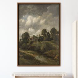 Framed Canvas Oil Painting Landscape Large Wall Art River and House and Cloudy Sky, Green Art, Vintage Art, Minimalist A
