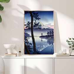 mount fuji from tago bay 1936 poster, tsuchiya koitsu trees lake poster, fuji mountain art, traditional japanese art, wa