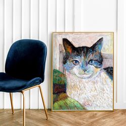 original oil pastel cat portrait print , cat lover poster, vintage wall art, unique gift