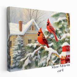 red northern cardinal birds with farmhouse vintage christmas decor wall art canvas poster cottagecore decor christmas pr