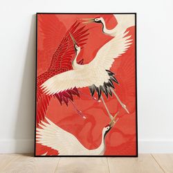 vintage japanese poster with crane bird illustration art print, home decor