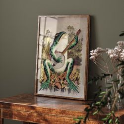 a frog playing banjo in the moonlight vintage poster, art deco, vintage print, colorful wall art, large wall art print,
