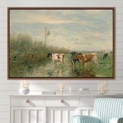 Framed Canvas Oil Painting Landscape Large Wall Art,Pastel Valley Cow Farm Field Nature Wilderness Illustration,Abstract