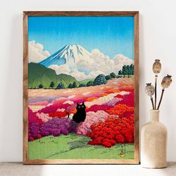 black cat mount fuji from an azalea garden poster, landscape poster, fuji mountain art print, japanese art, flowers prin
