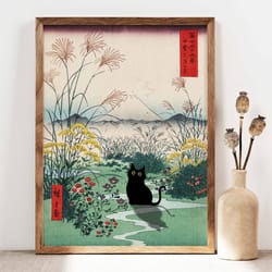 black cat otsuki plain in kai province poster, hiroshige artwork, japanese cat print, japanese art, edo period mount fuj